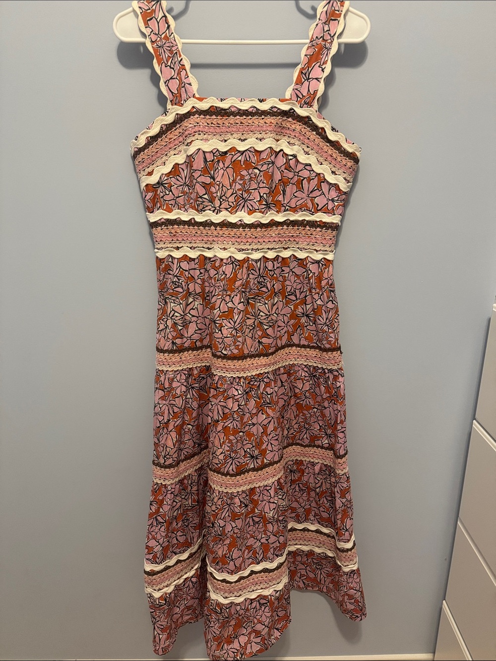 CeliaB Floki Floral Tiered Scallop Ric-Rac Midi Dress